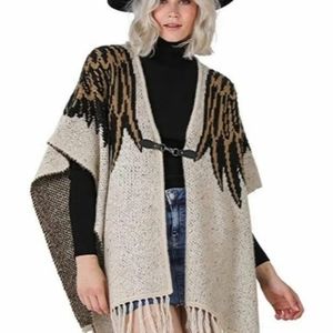 NWT Vertigo Print Fringe Cardigan Cape BoHo Open Front Eagle